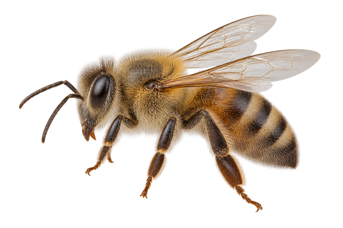 An adult worker honey bee in side profile
