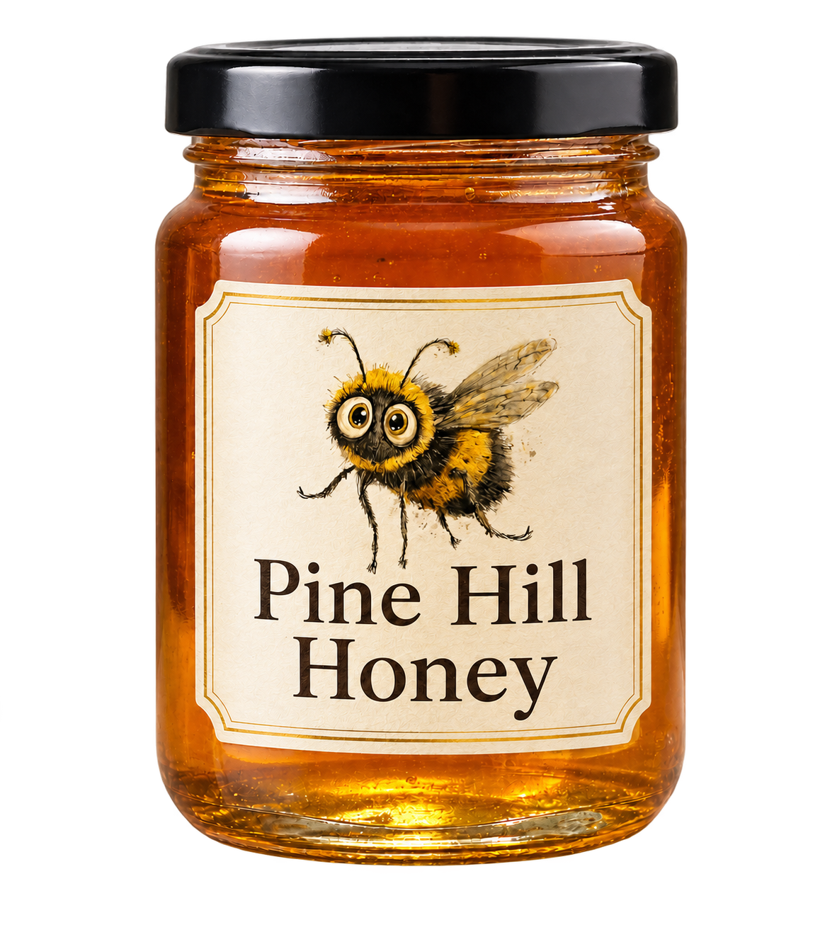 A clear glass jar of deep amber raw honey labeled Pine Hill Honey